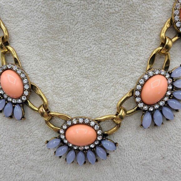 J Crew Rose Gold Tone Pink Gray Resin Stone Clear Crystal Necklace - Picture 8 of 10